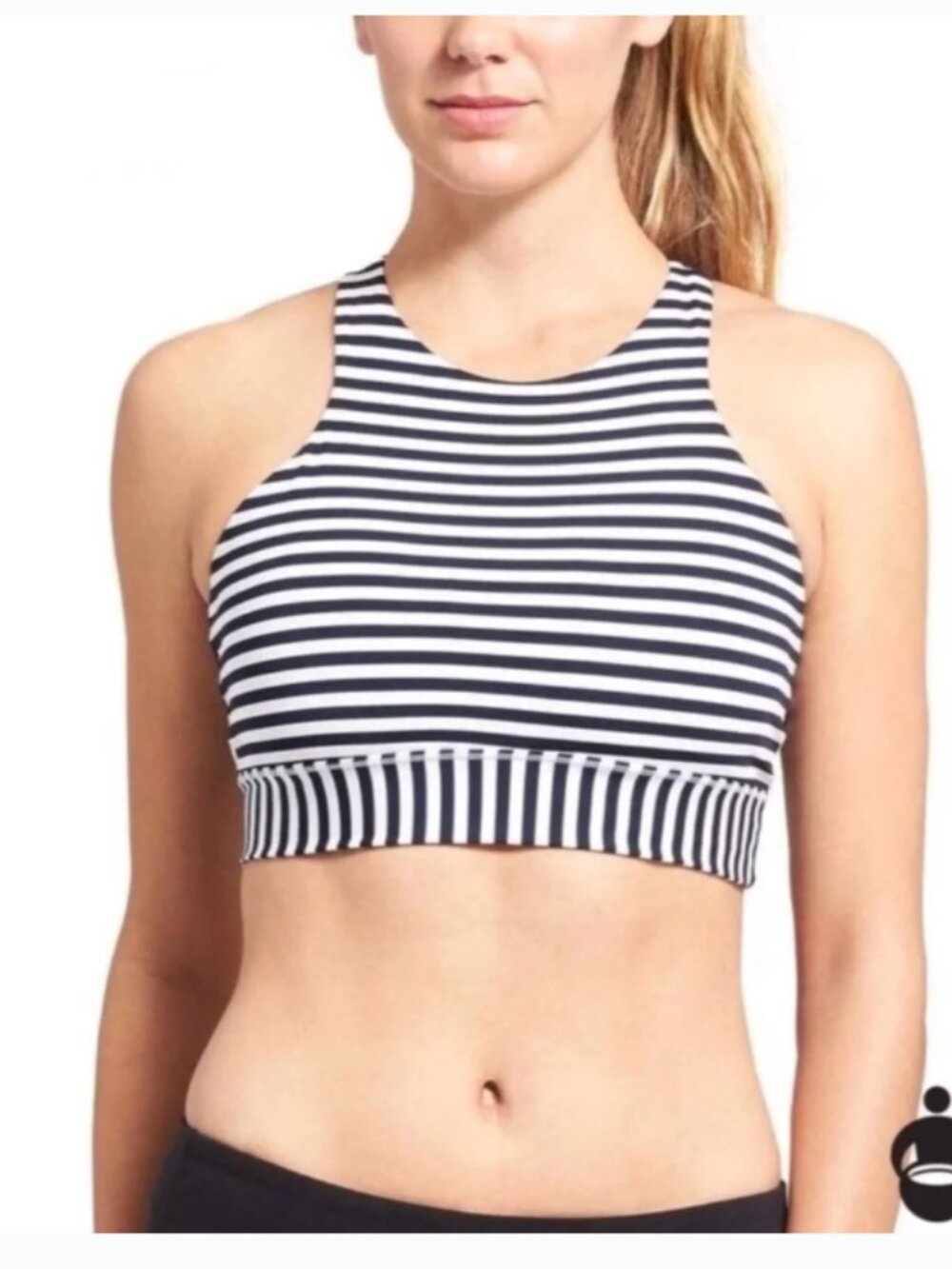 Athleta High Moon Sports Bra Stripes Size M Navy Blue White Racerback